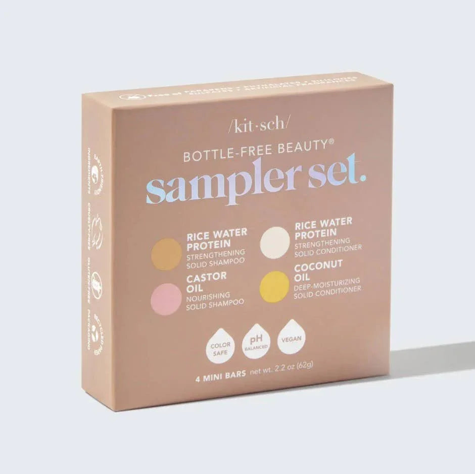 Kitsch Bottle-Free Beauty sampler set with four solid shampoo and conditioner mini bars, color safe, vegan. Come see us at Awaken, Franklin, Tennessee
