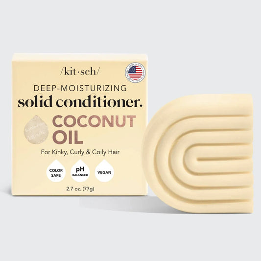 Kitsch deep-moisturizing solid conditioner with coconut oil bar, designed for kinky, curly, and coily hair. Color safe, pH balanced, vegan. Come see us at Awaken, Franklin, Tennessee