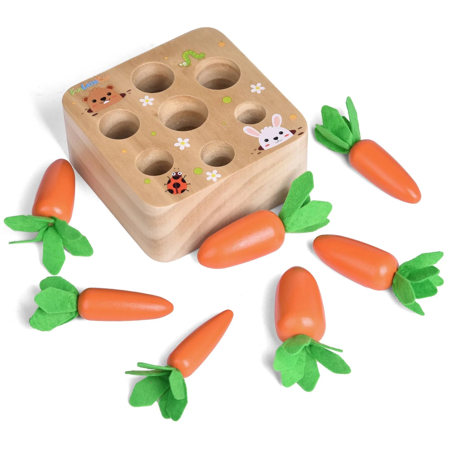 Wooden carrot matching toy with eight orange carrots and animal illustrations. Come see us at Awaken, Franklin, Tennessee