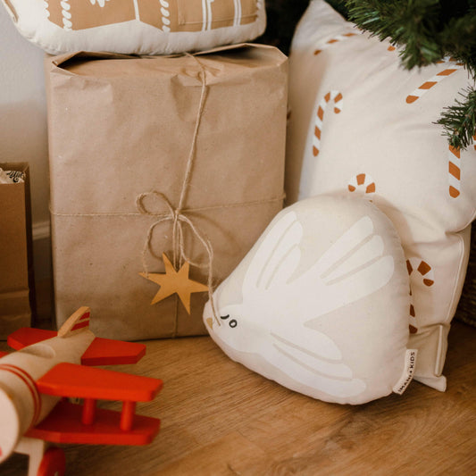 Wrapped brown gift with star tag, white dove pillow, candy cane pillow, and red toy airplane on wooden floor. Come see us at Awaken, Franklin, Tennessee