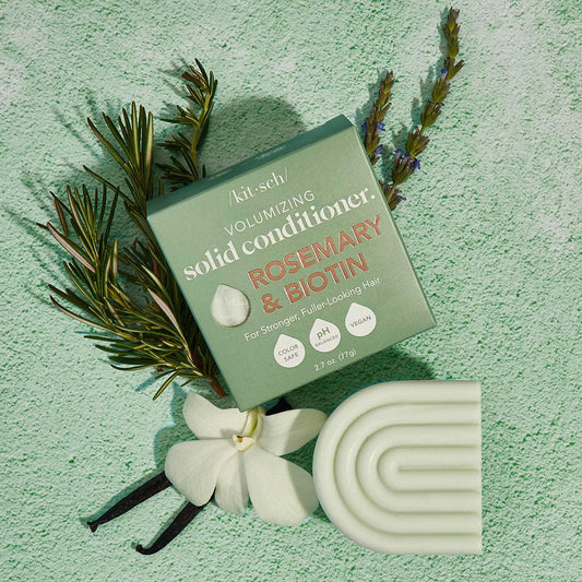 Volumizing solid rosemary and biotin conditioner bar with herb and flower accents. Come see us at Awaken, Franklin, Tennessee