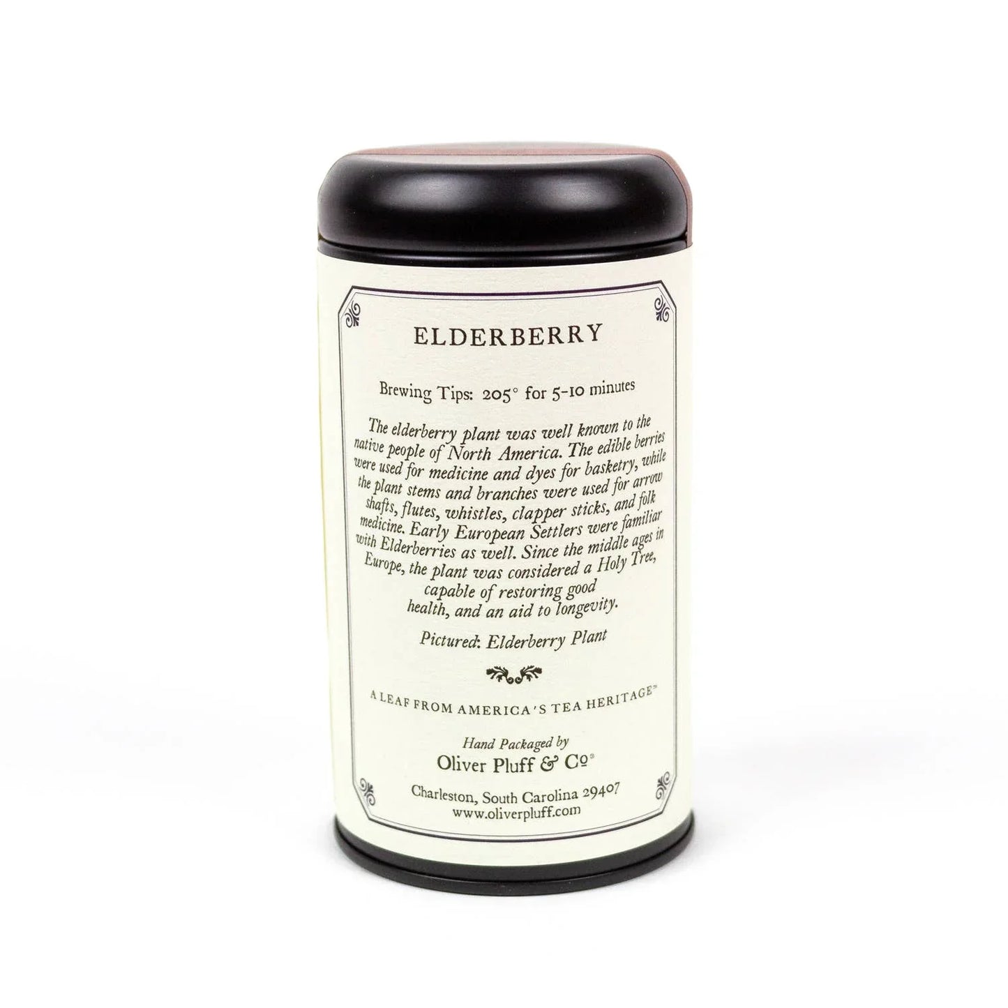 Elderberry tea tin with brewing tips by Oliver Pluff, Charleston; Come see us at Awaken, Franklin, Tennessee