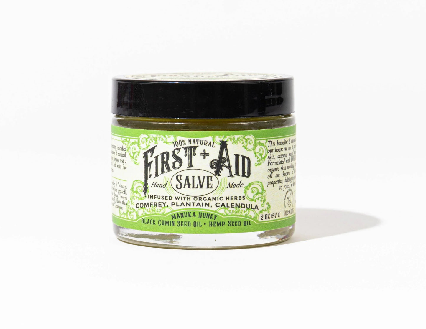 100% natural First Aid Salve with organic herbs in glass jar, Come see us at Awaken, Franklin, Tennessee
