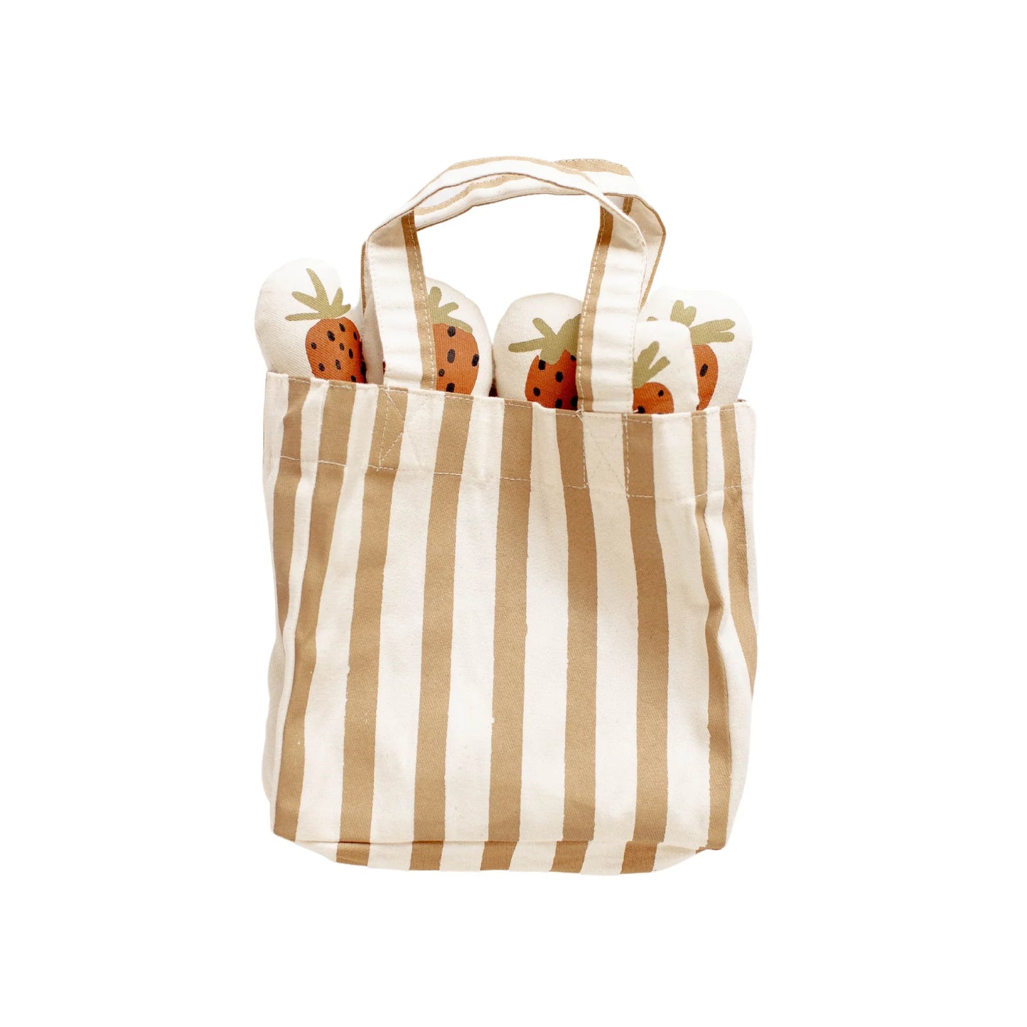 Beige striped tote bag with plush strawberries. Come see us at Awaken, Franklin, Tennessee.