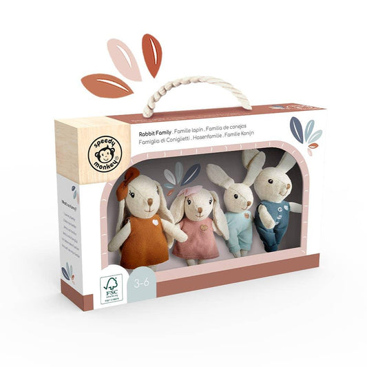 Speedy Monkey Rabbit Family plush toy set in box with handle, ages 3-6. Come see us at Awaken, Franklin, Tennessee