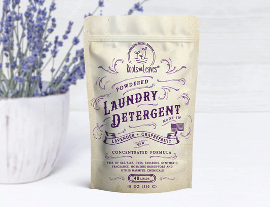 Powdered laundry detergent with lavender and grapefruit scent by Roots and Leaves, herbal remedy. Come see us at Awaken, Franklin, Tennessee