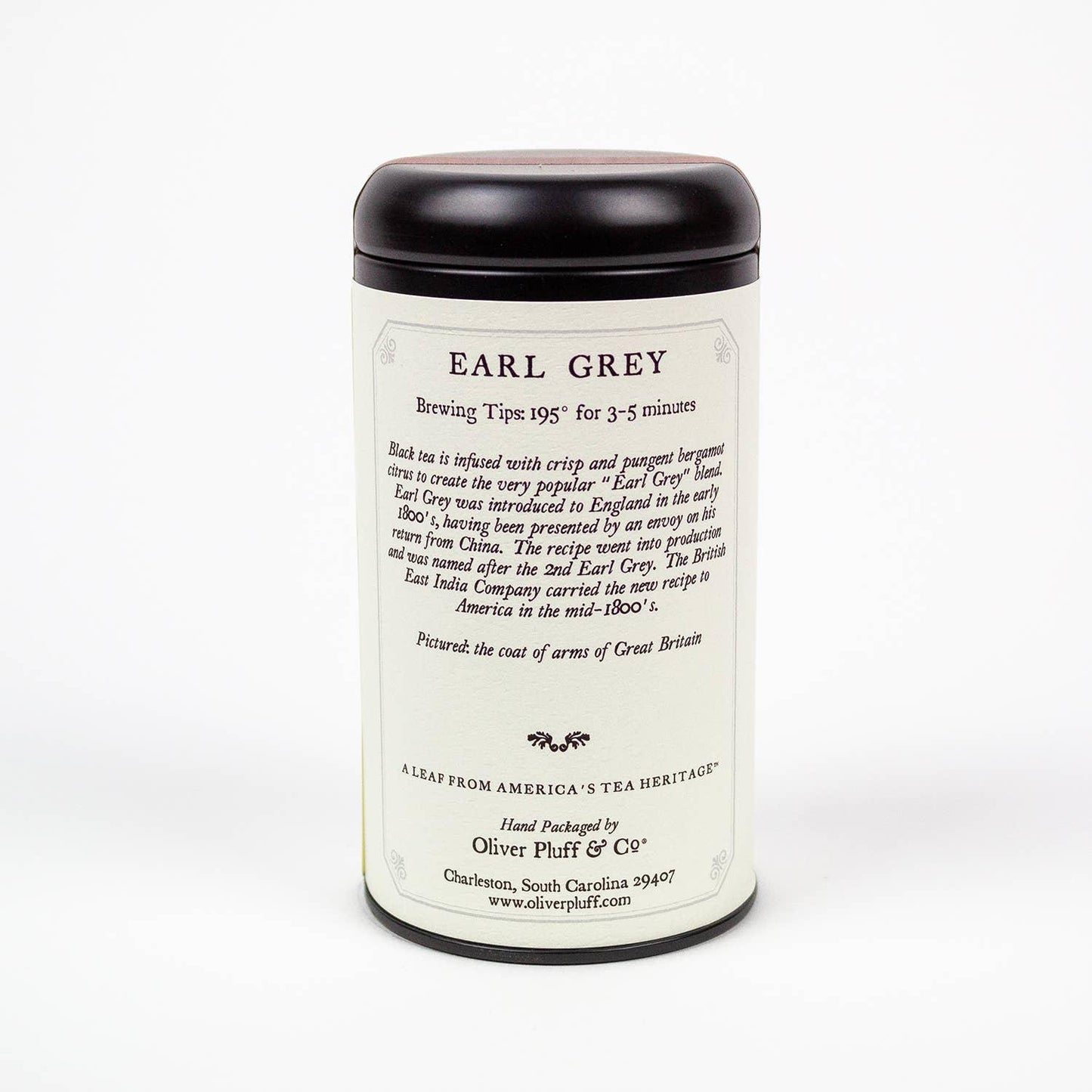 Earl Grey tea tin with brewing tips and history by Oliver Pluff & Co. Come see us at Awaken, Franklin, Tennessee