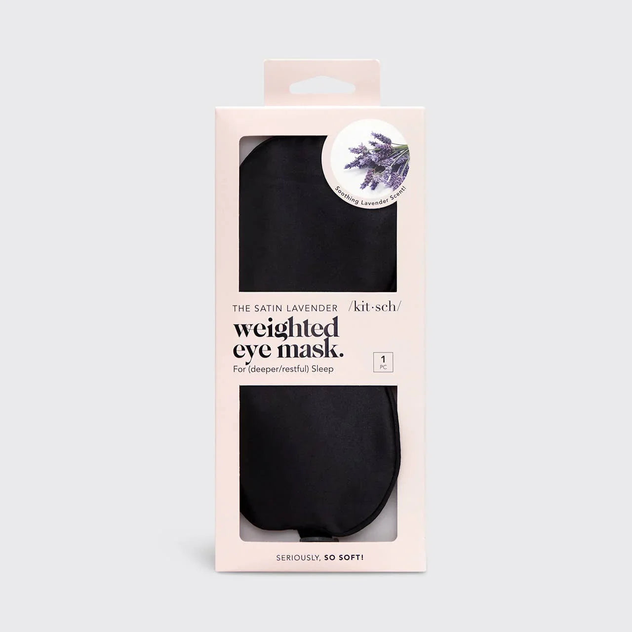 Kitsch satin lavender weighted eye mask in retail packaging, Come see us at Awaken, Franklin, Tennessee