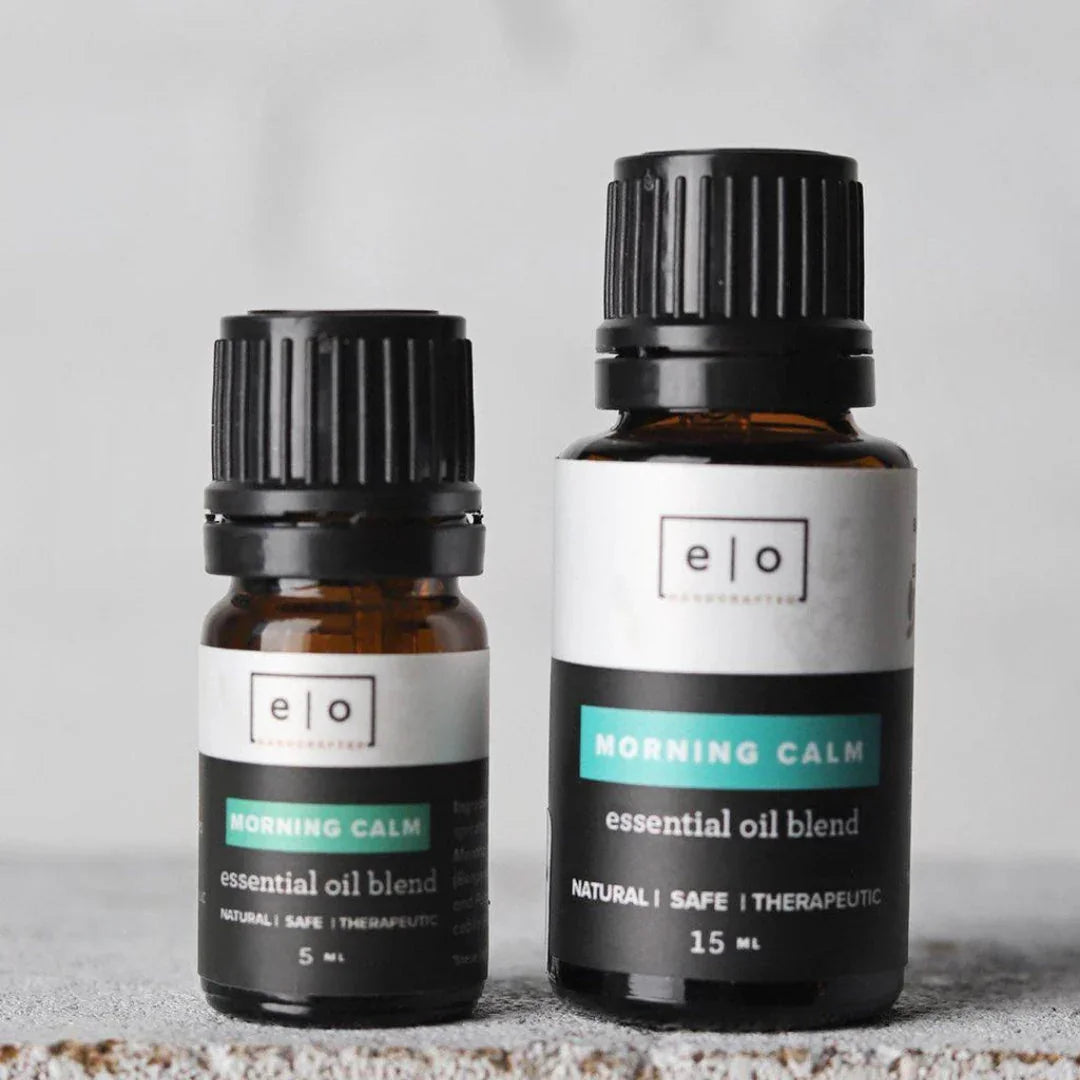 Two brown glass bottles of Elo Laboratories Morning Calm essential oil blend, natural and therapeutic. Come see us at Awaken, Franklin, Tennessee