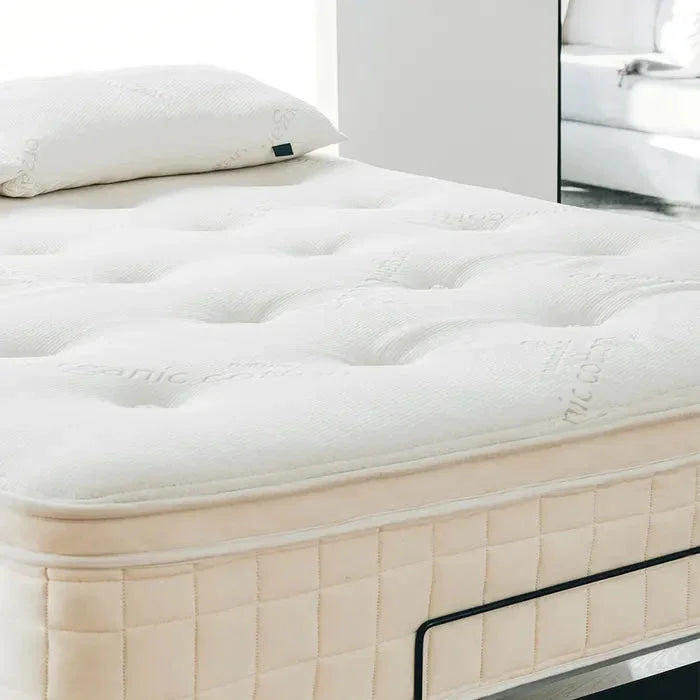 Close-up of plush white mattress with pillow in bright modern bedroom, Come see us at Awaken, Franklin, Tennessee