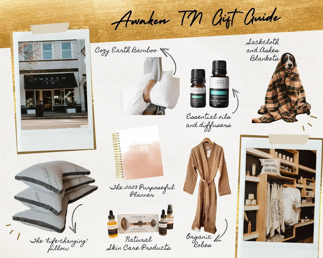 Awaken TN gift guide collage with cozy bamboo bedding, essential oils, pillows, skincare, and blankets; Come see us at Awaken, Franklin, Tennessee.