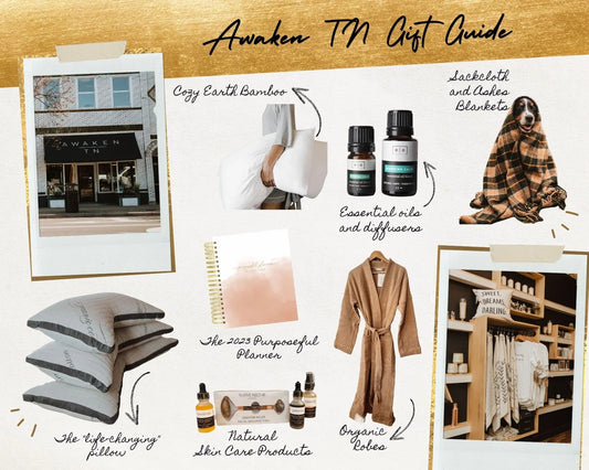 Awaken TN gift guide collage with cozy bamboo bedding, essential oils, pillows, skincare, and blankets; Come see us at Awaken, Franklin, Tennessee.
