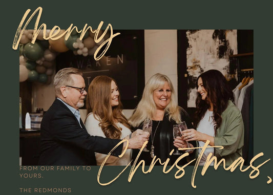 Family holiday card with four people toasting, Merry Christmas text, festive decor, Come see us at Awaken, Franklin, Tennessee