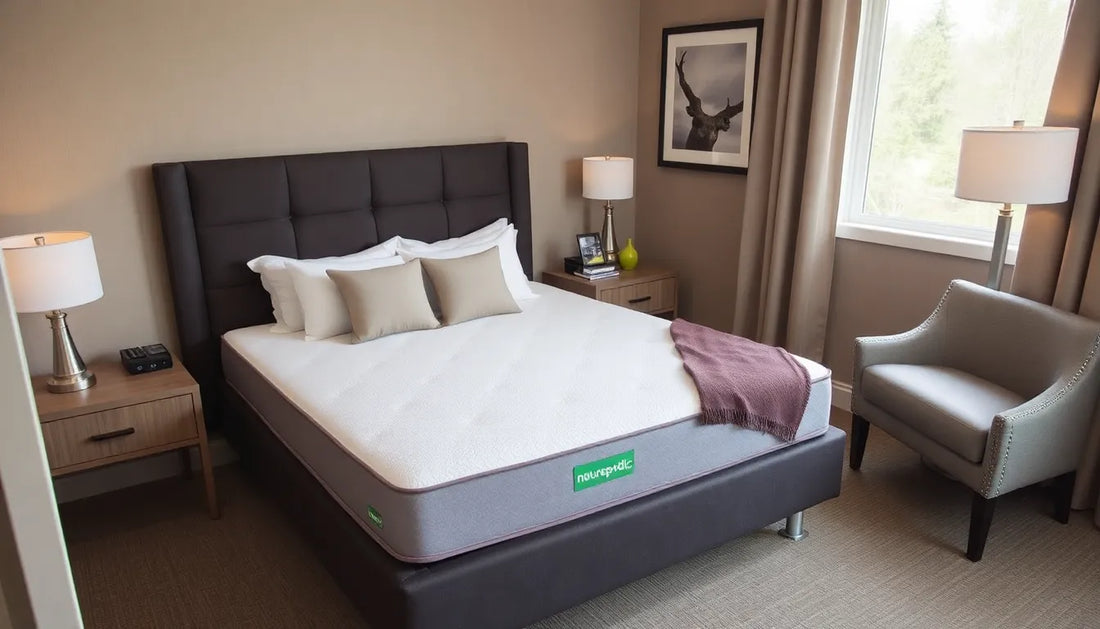 Modern bedroom with Naturepedic mattress, stylish decor, and natural light. Come see us at Awaken, Franklin, Tennessee.