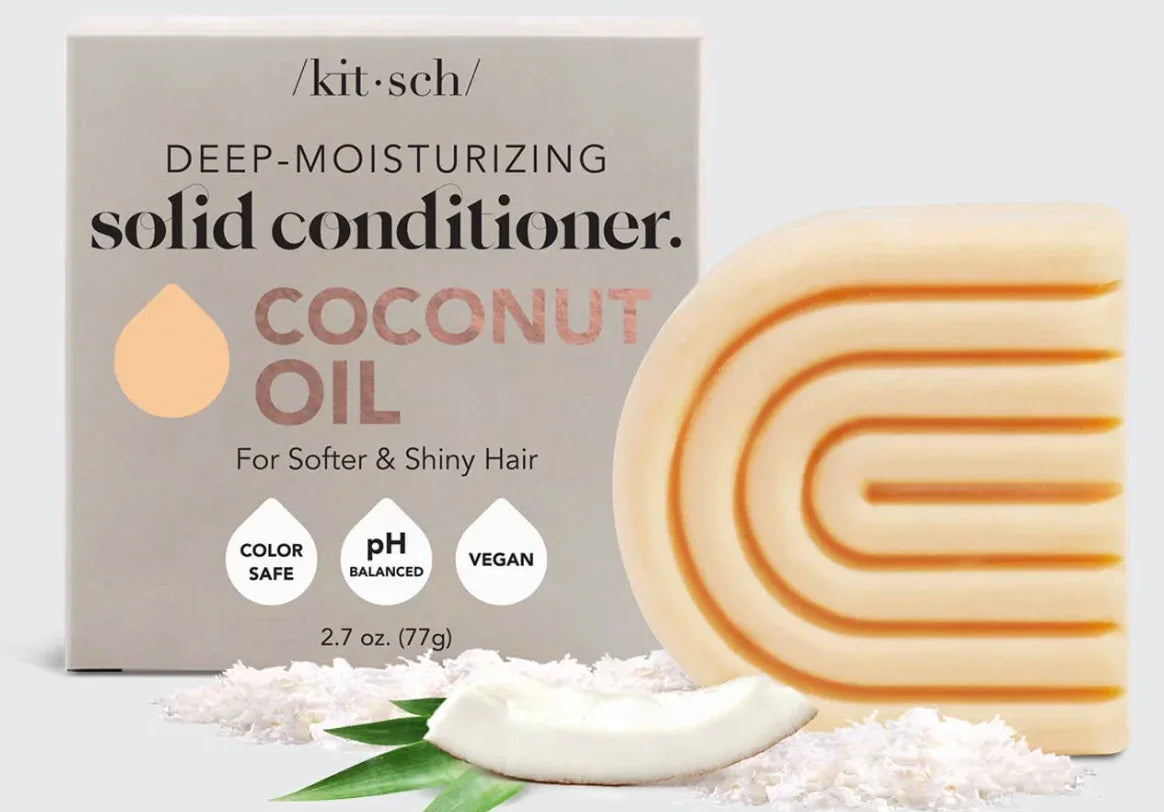 Kitsch deep-moisturizing coconut oil solid conditioner bar with box and coconut, Come see us at Awaken, Franklin, Tennessee