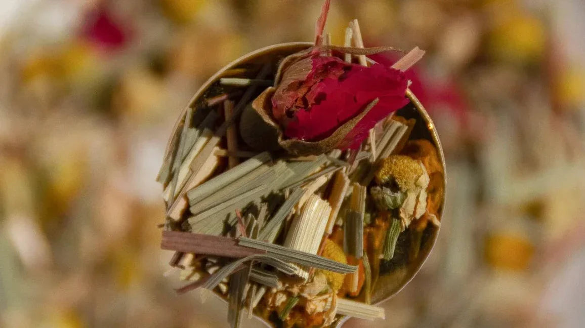 Loose leaf herbal tea blend with dried flowers and lemongrass in a spoon, Come see us at Awaken, Franklin, Tennessee