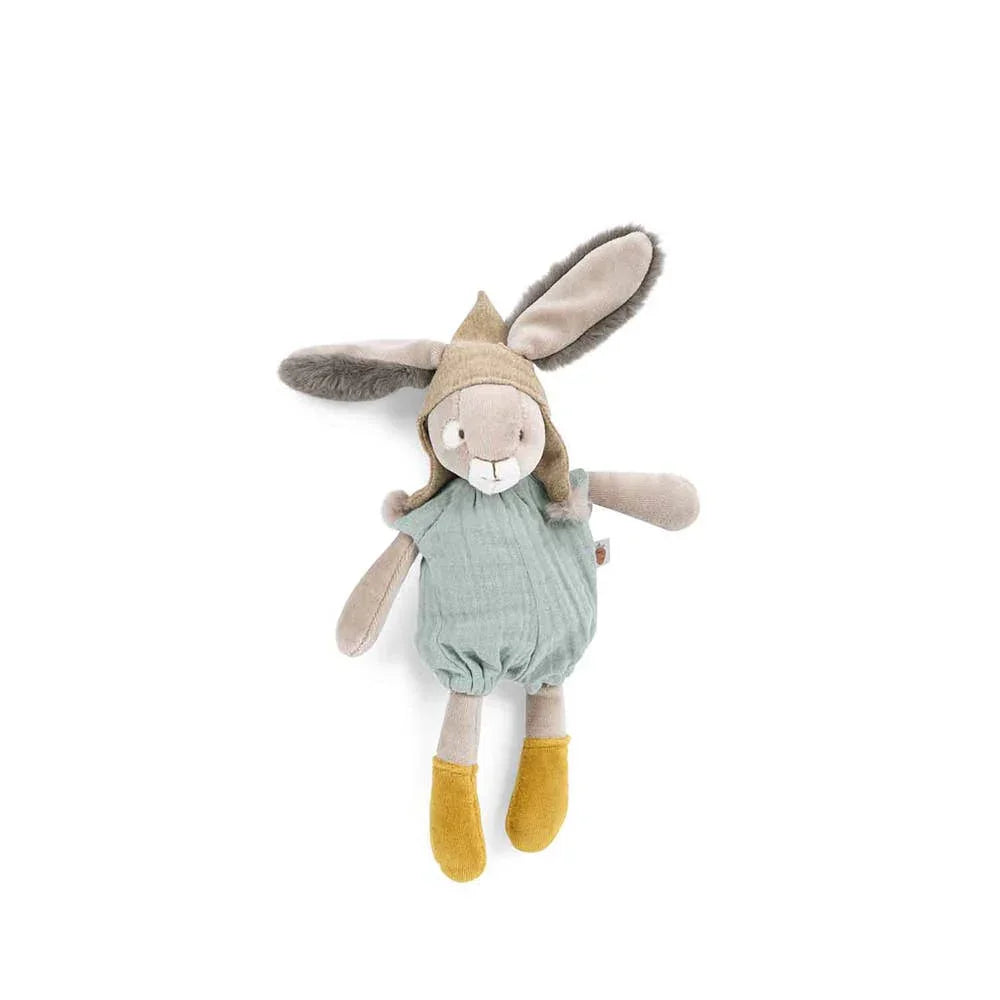 Plush bunny toy in blue romper, brown hat, yellow booties on white background. Come see us at Awaken, Franklin, Tennessee