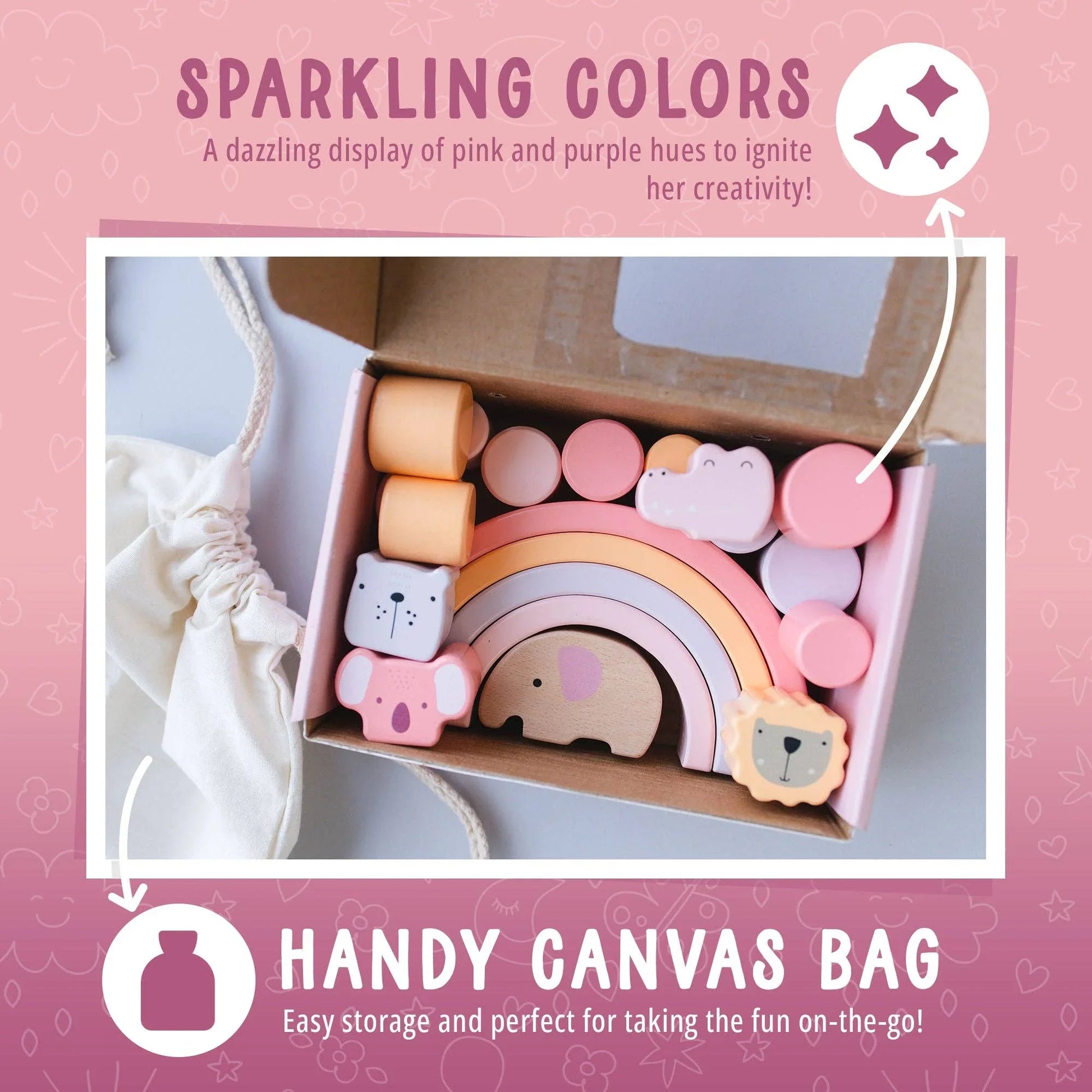Pink and purple wooden animal blocks and rainbow toy in box with canvas bag, Come see us at Awaken, Franklin, Tennessee