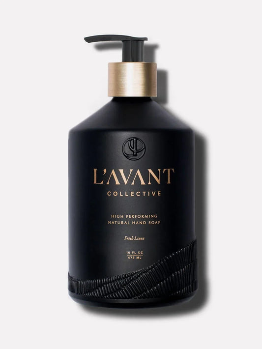 L’AVANT Collective black pump bottle hand soap, gold accents, Come see us at Awaken, Franklin, Tennessee