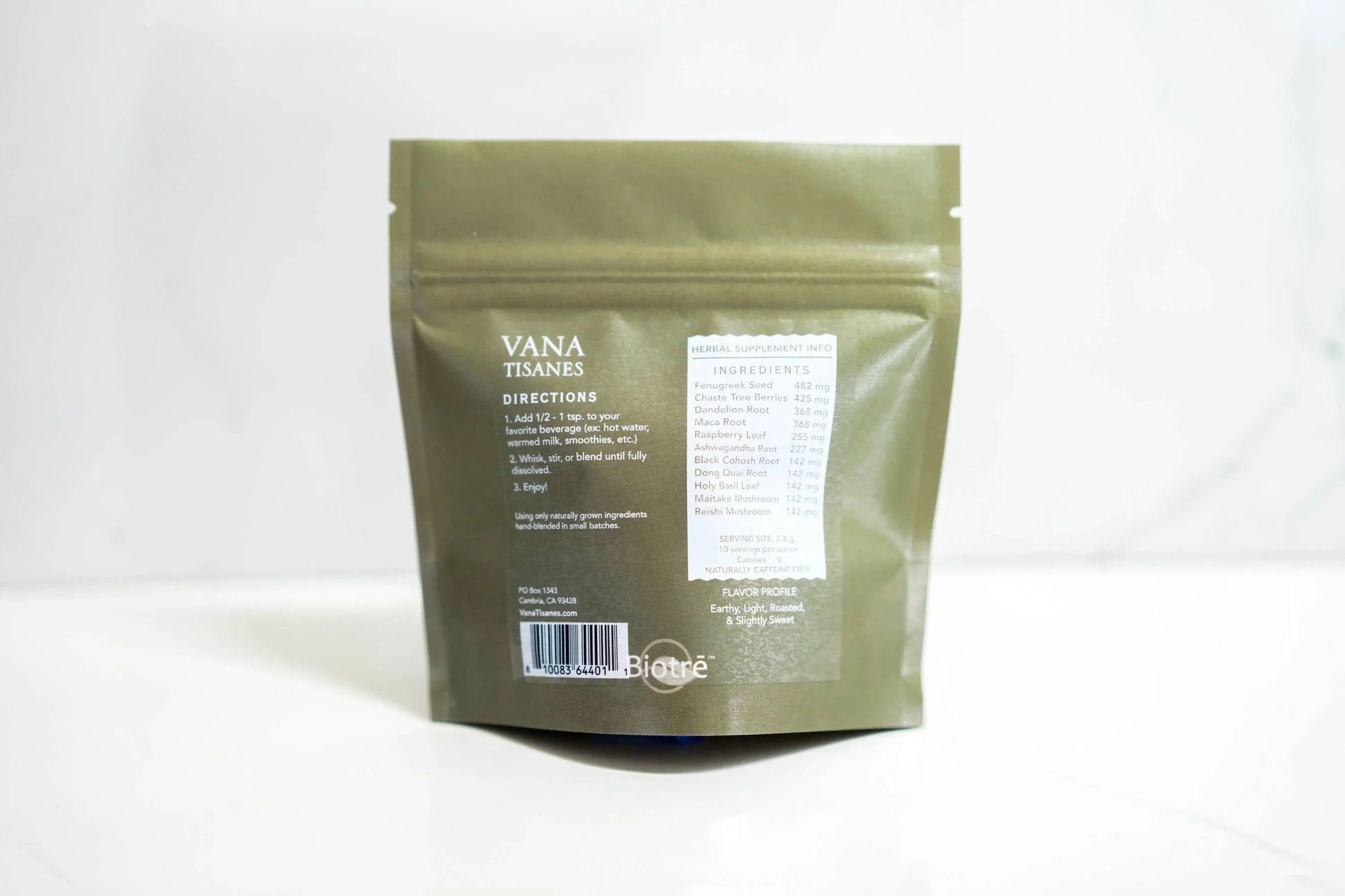 VANA TISANES herbal supplement pouch with ingredients and directions on white surface. Come see us at Awaken, Franklin, Tennessee