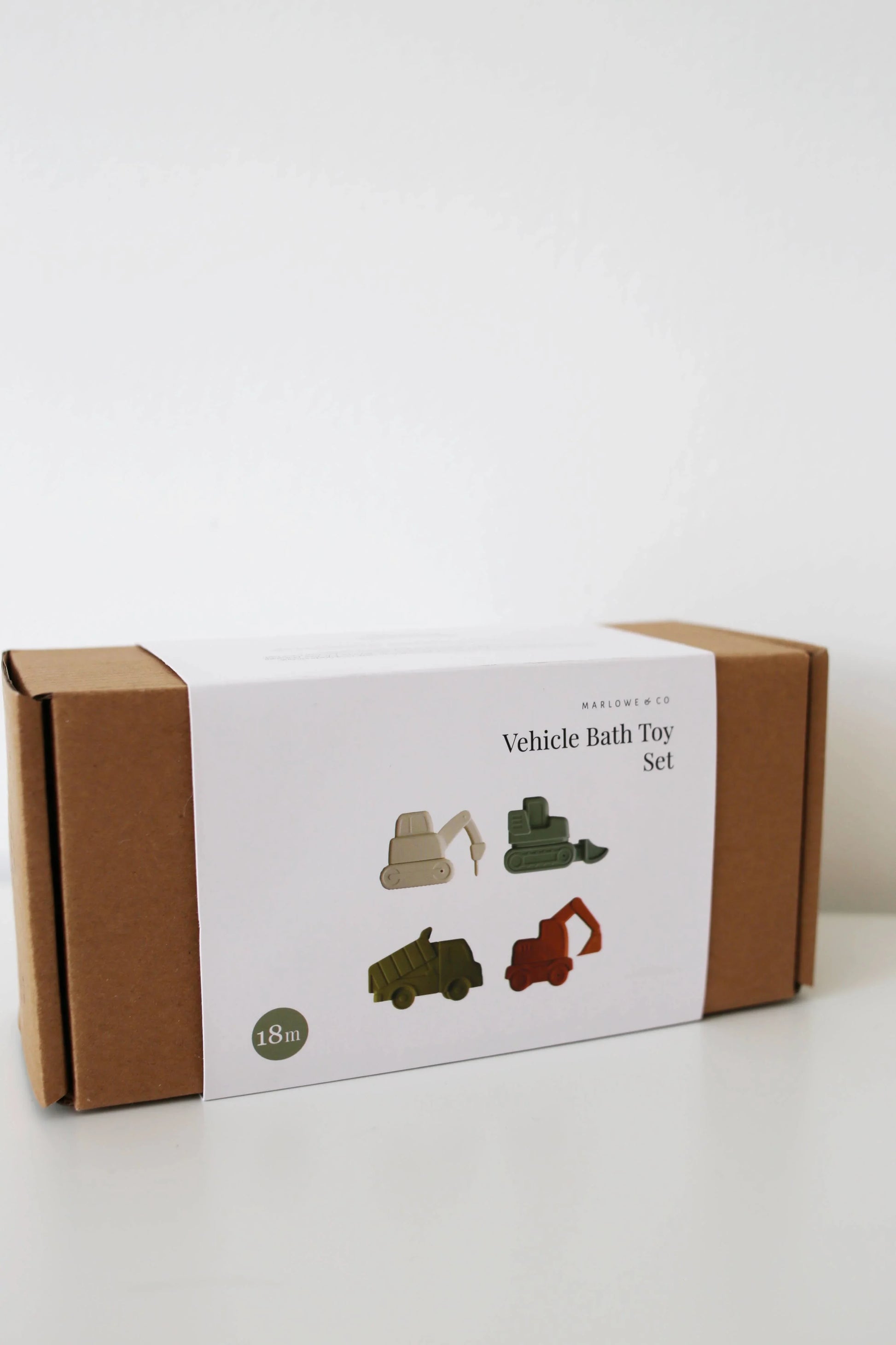 Marlowe & Co Vehicle Bath Toy Set in brown box, four colorful construction toys, age 18m, Come see us at Awaken, Franklin, Tennessee