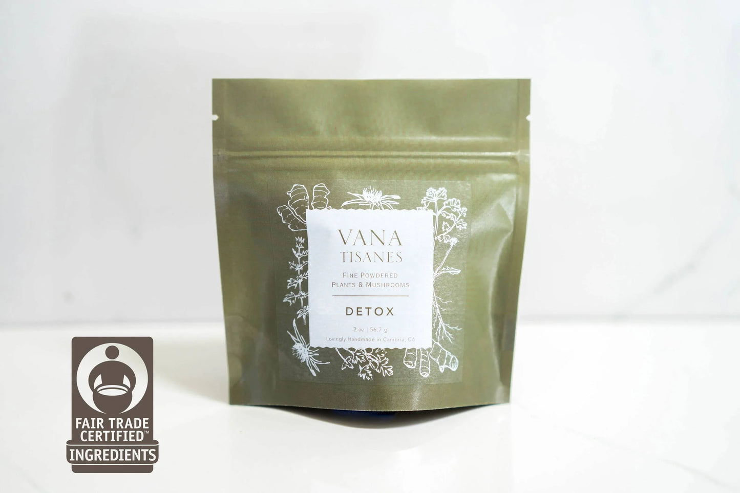 Vana Tisanes Detox tea pouch with fair trade certified ingredients label, Come see us at Awaken, Franklin, Tennessee