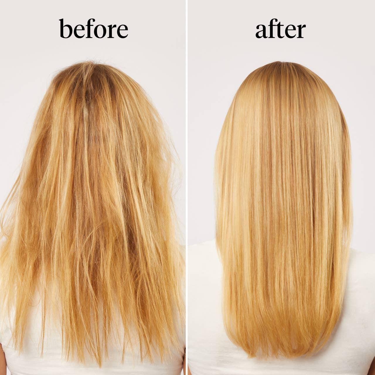 Before and after comparison of blonde hair showing frizzy to smooth transformation, Come see us at Awaken, Franklin, Tennessee