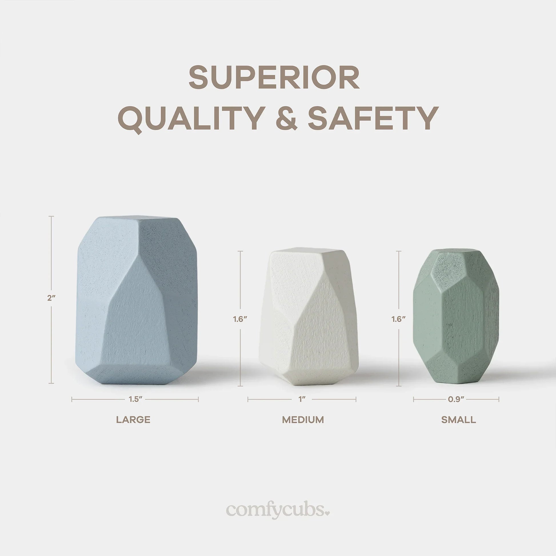 Three geometric calming stones in blue, white, and green with measurements, superior quality and safety. Come see us at Awaken, Franklin, Tennessee