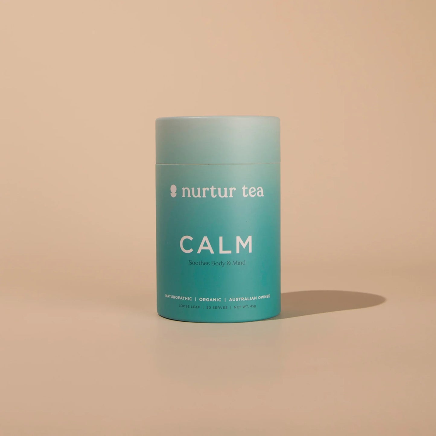 Nurtur Tea CALM organic loose leaf tea container on beige background. Come see us at Awaken, Franklin, Tennessee