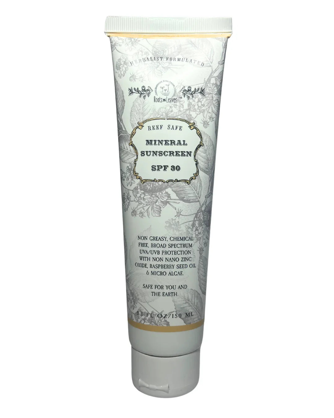 Tube of Roots and Leaves mineral sunscreen SPF 30, non-greasy, chemical-free formula, reef safe. Come see us at Awaken, Franklin, Tennessee