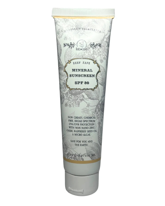 Tube of Roots and Leaves mineral sunscreen SPF 30, non-greasy, chemical-free formula, reef safe. Come see us at Awaken, Franklin, Tennessee