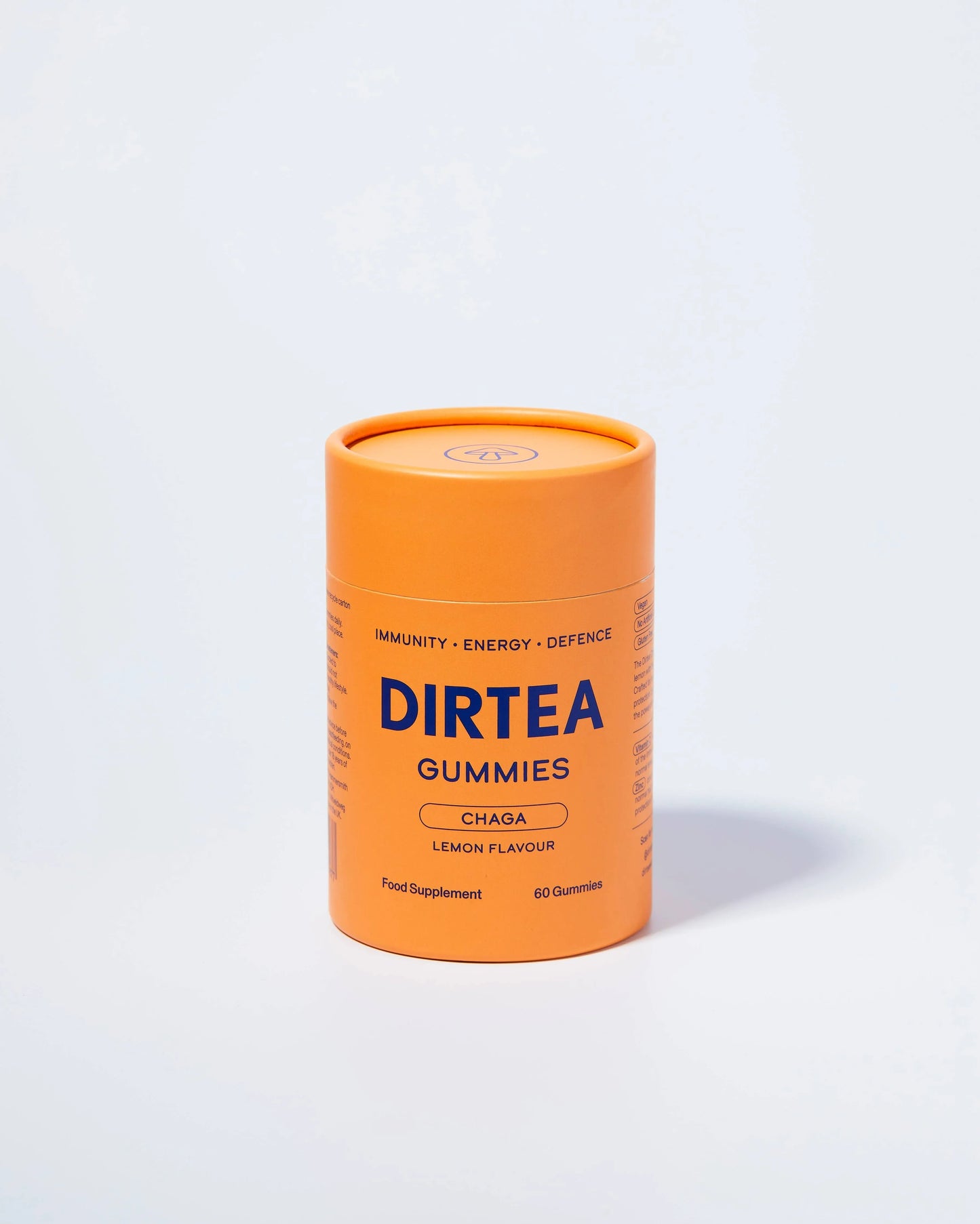 DIRTEA Gummies Chaga lemon flavour supplement in orange container, Come see us at Awaken, Franklin, Tennessee