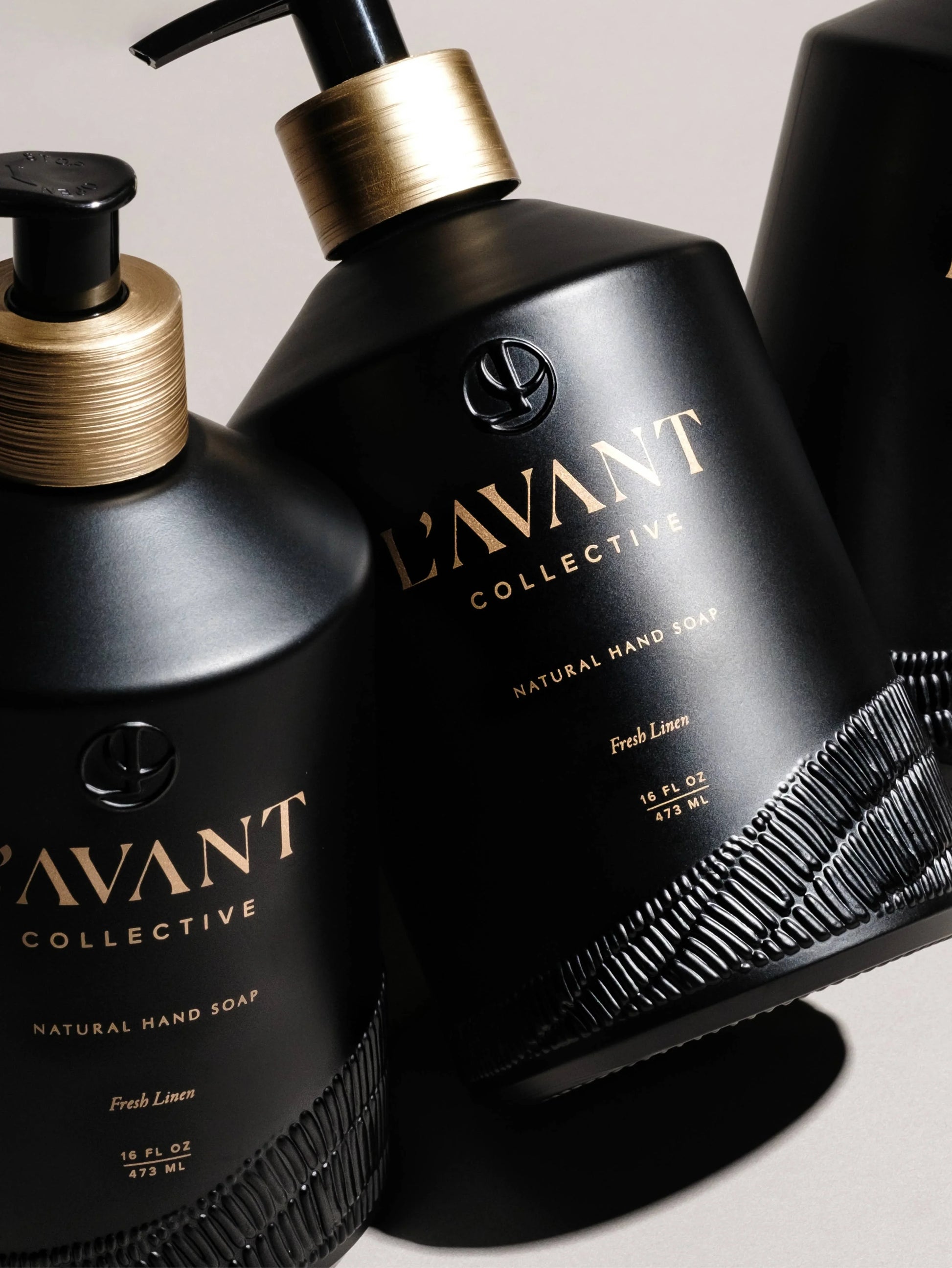 L’AVANT Collective natural hand soap bottles, black and gold, Fresh Linen, Come see us at Awaken, Franklin, Tennessee