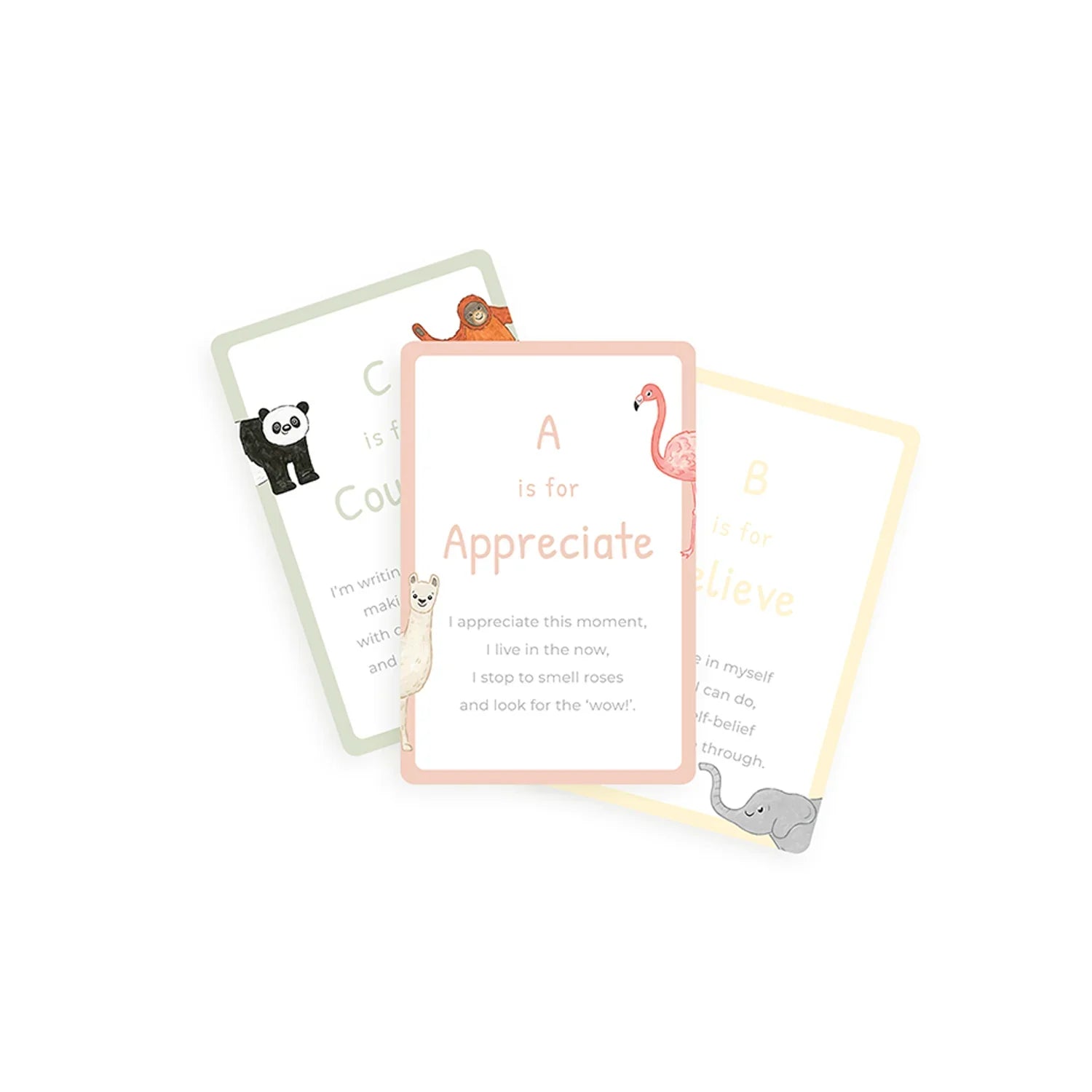 Alphabet flashcards with animals and positive words like Appreciate, Courage, Believe. Come see us at Awaken, Franklin, Tennessee