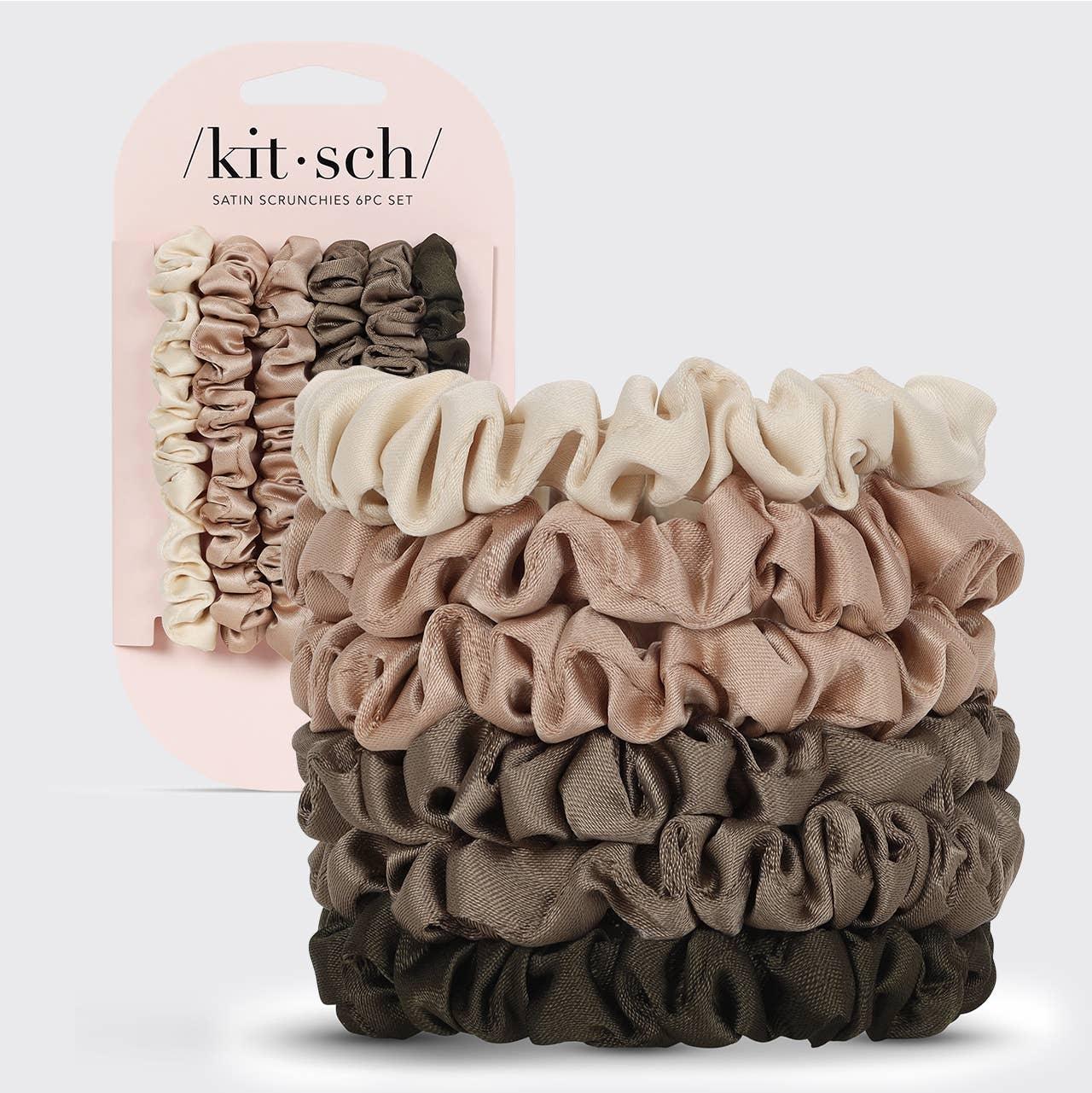 Set of six satin scrunchies in neutral tones with kit•sch label. Come see us at Awaken, Franklin, Tennessee