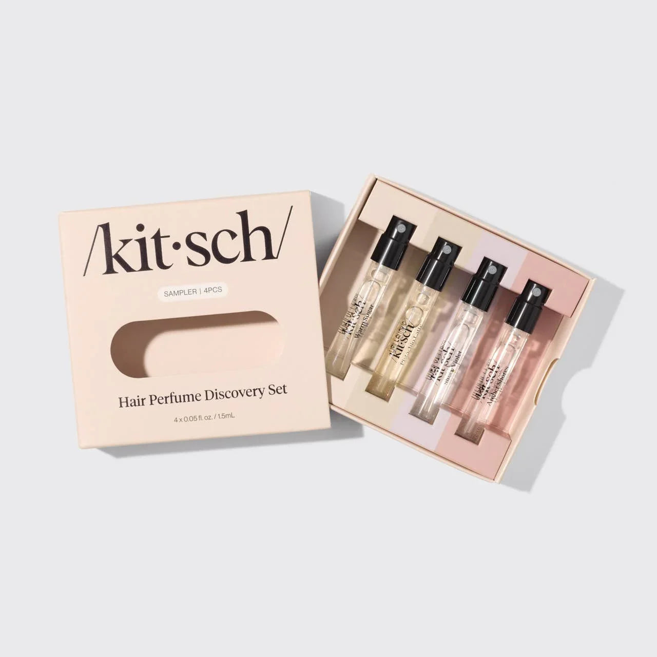 Kitsch Hair Perfume Discovery Set sampler box with four perfume spray vials, Come see us at Awaken, Franklin, Tennessee
