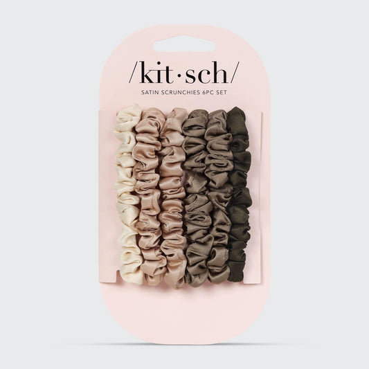 Kitsch satin scrunchies 6-piece set in neutral tones on pink card, Come see us at Awaken, Franklin, Tennessee