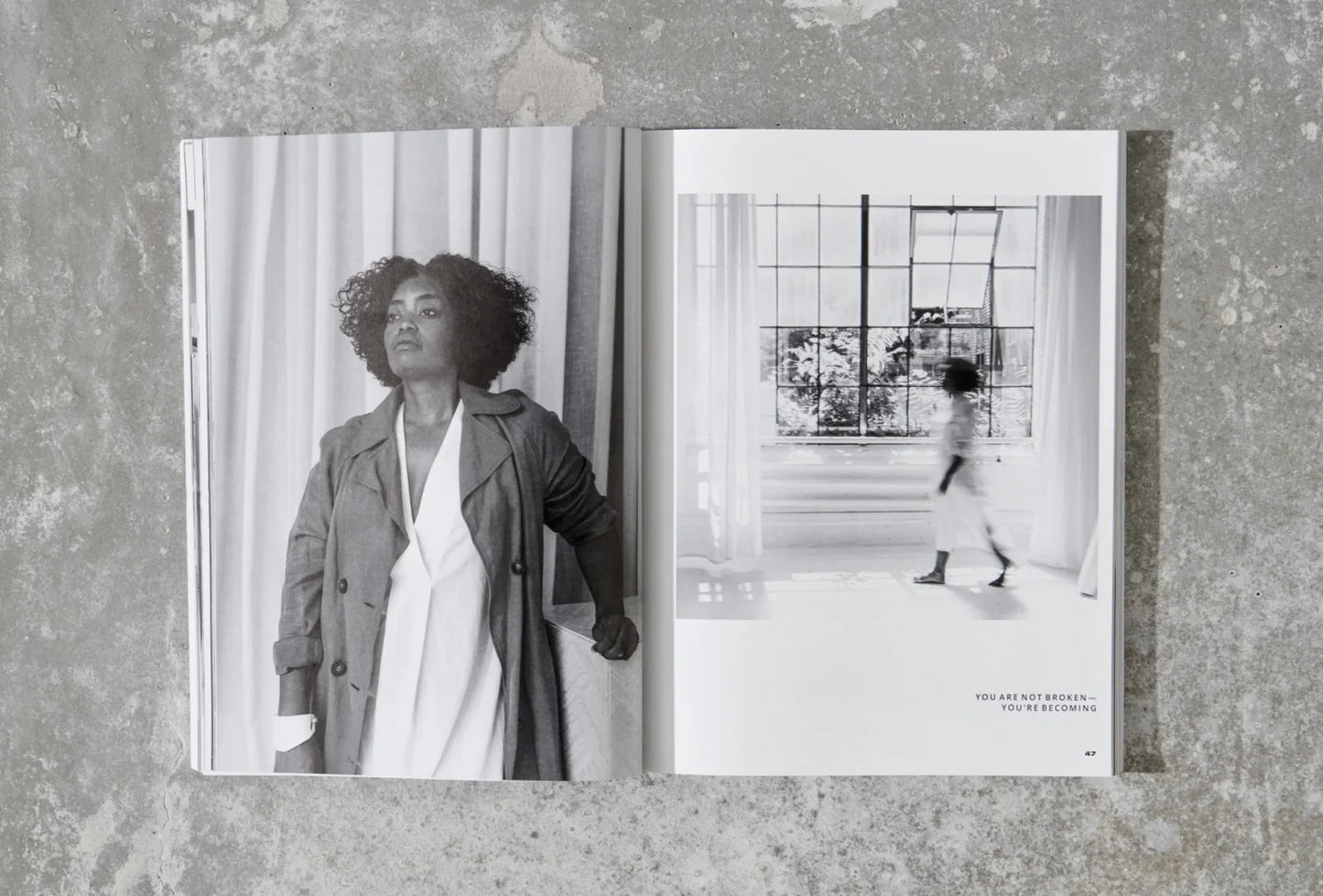 Black and white magazine spread with a confident woman on left and blurred walking figure by window on right. Come see us at Awaken, Franklin, Tennessee