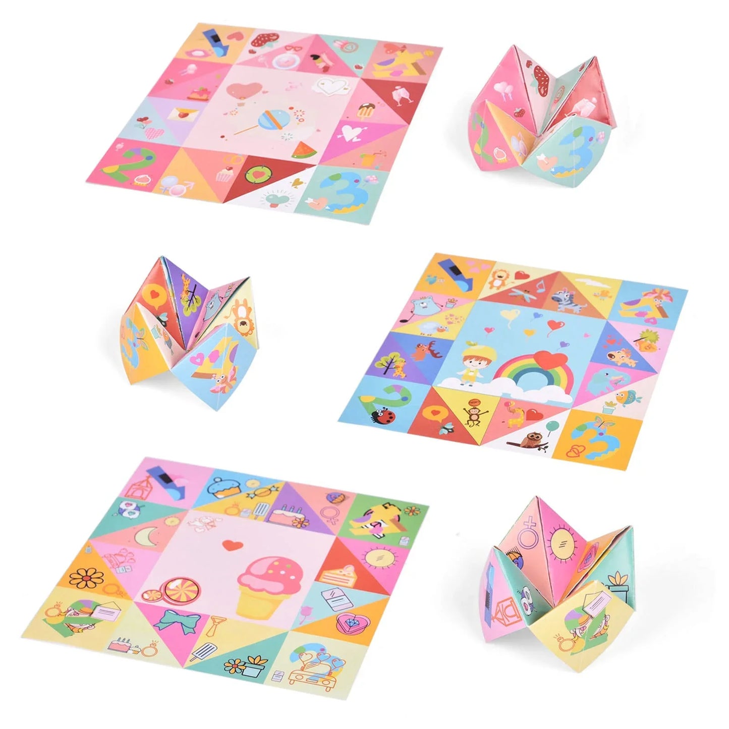 Colorful paper fortune tellers with cute illustrations on white background, Come see us at Awaken, Franklin, Tennessee