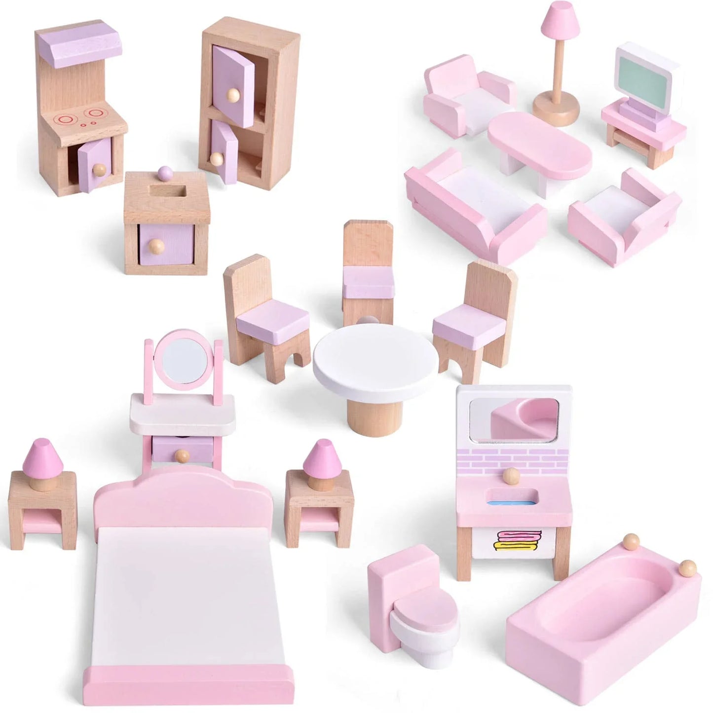Wooden dollhouse furniture set in pink and white colors. Come see us at Awaken, Franklin, Tennessee.