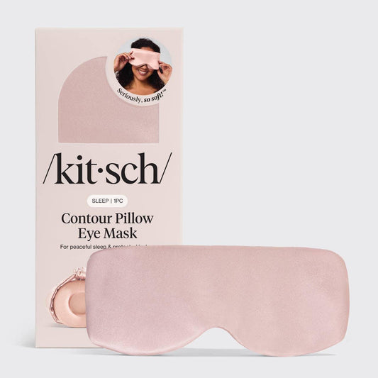 Kitsch Contour Pillow Eye Mask in soft pink with packaging and smiling model, Come see us at Awaken, Franklin, Tennessee