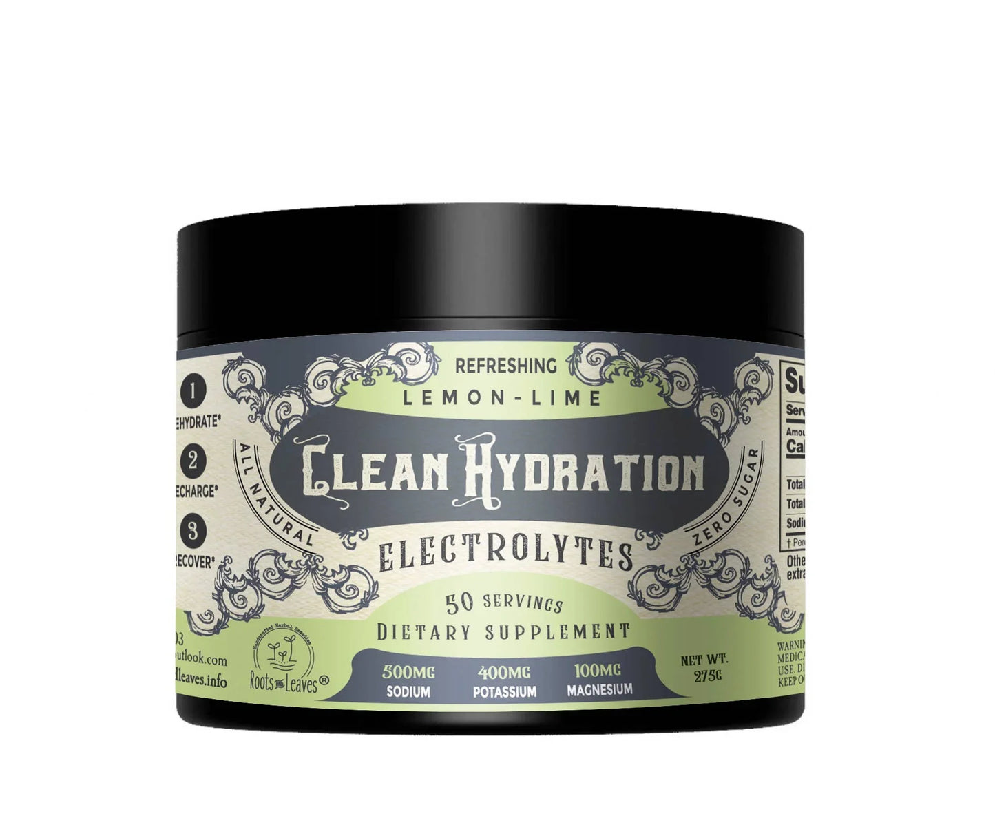 Clean Hydration lemon-lime electrolyte dietary supplement container, 50 servings, zero sugar. Come see us at Awaken, Franklin, Tennessee