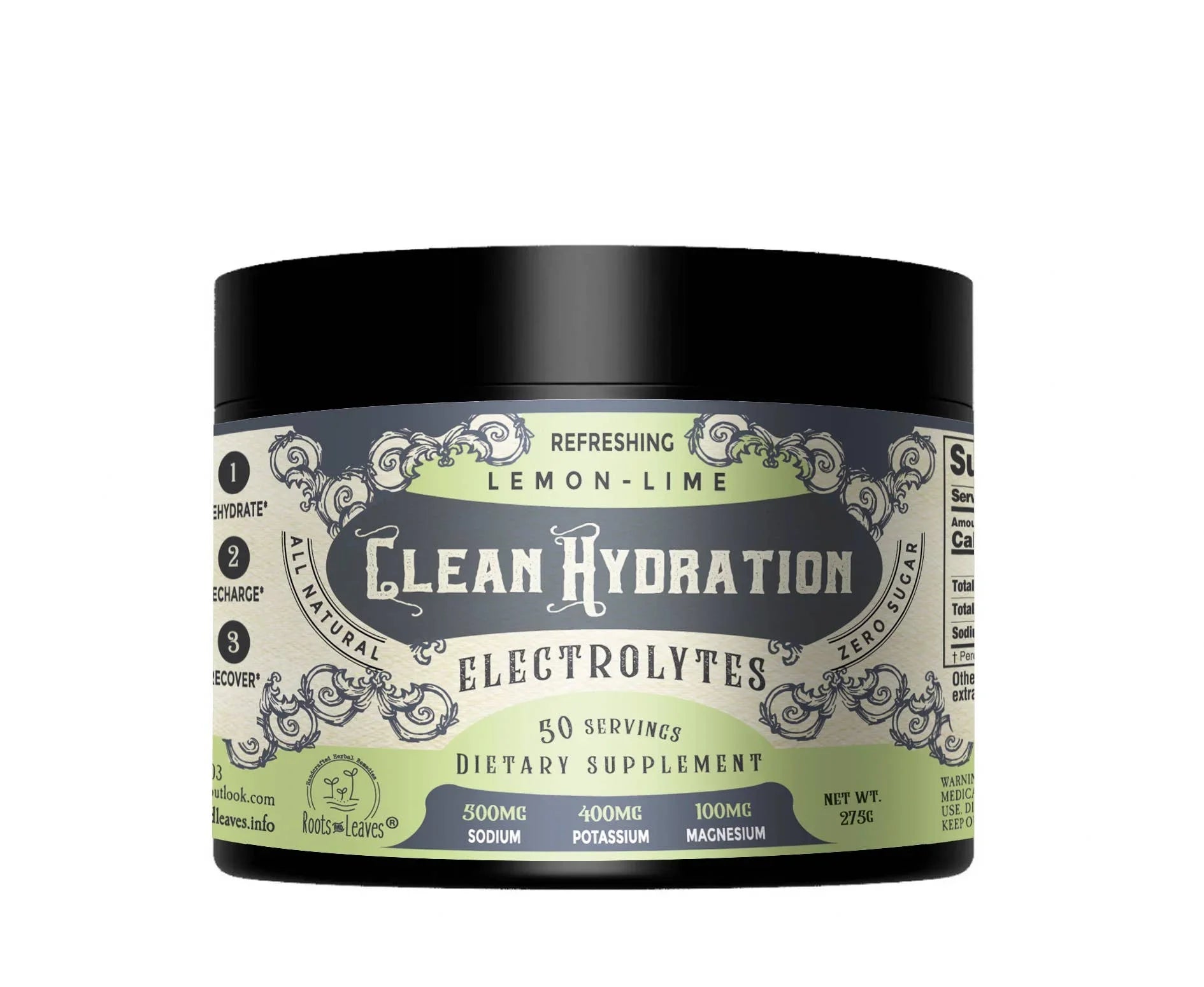 Clean Hydration lemon-lime electrolyte dietary supplement container, 50 servings, zero sugar. Come see us at Awaken, Franklin, Tennessee