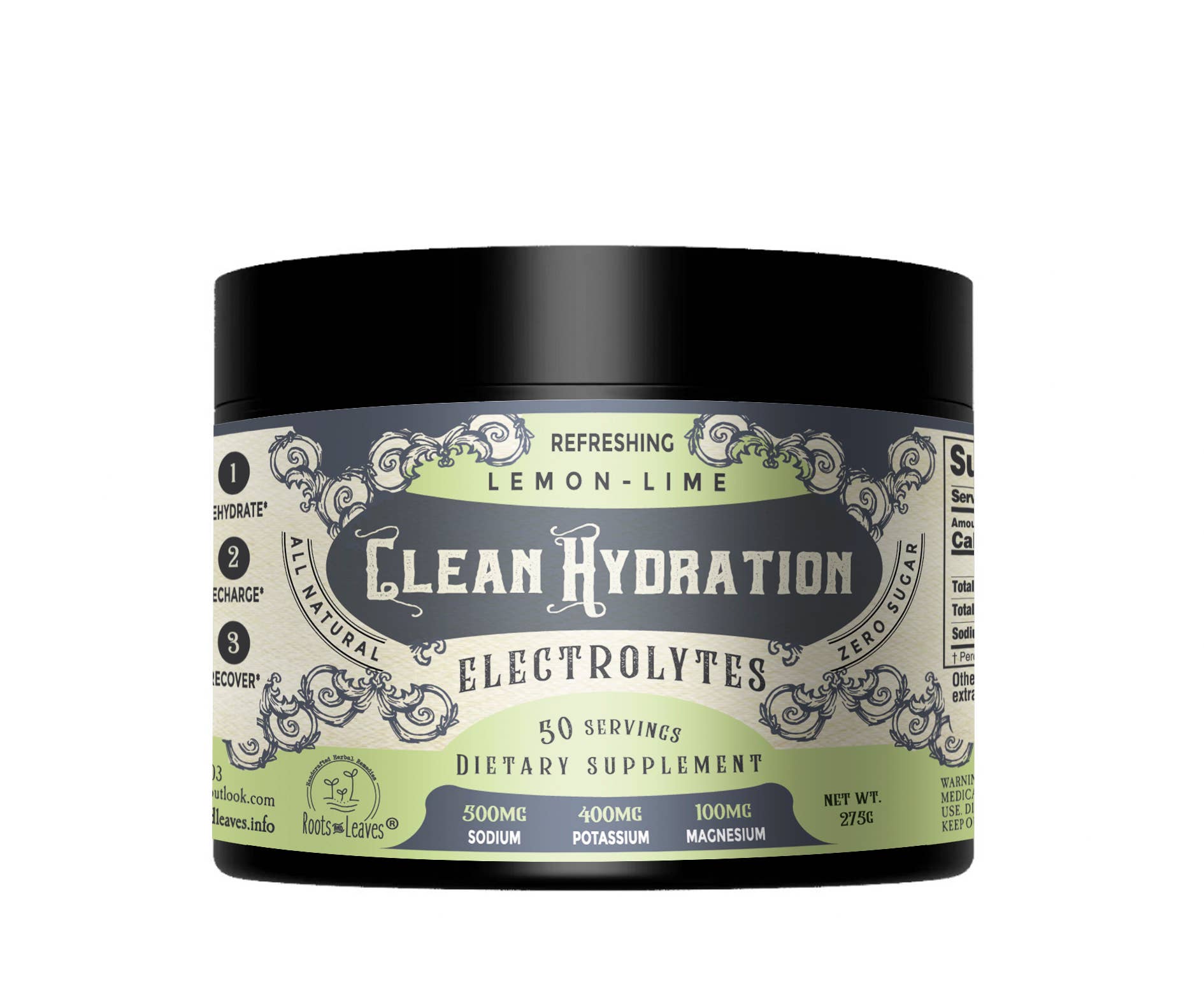 Roots And Leaves - Clean Hydration Electrolytes- Lemon Lime- 50 to 100 servings
