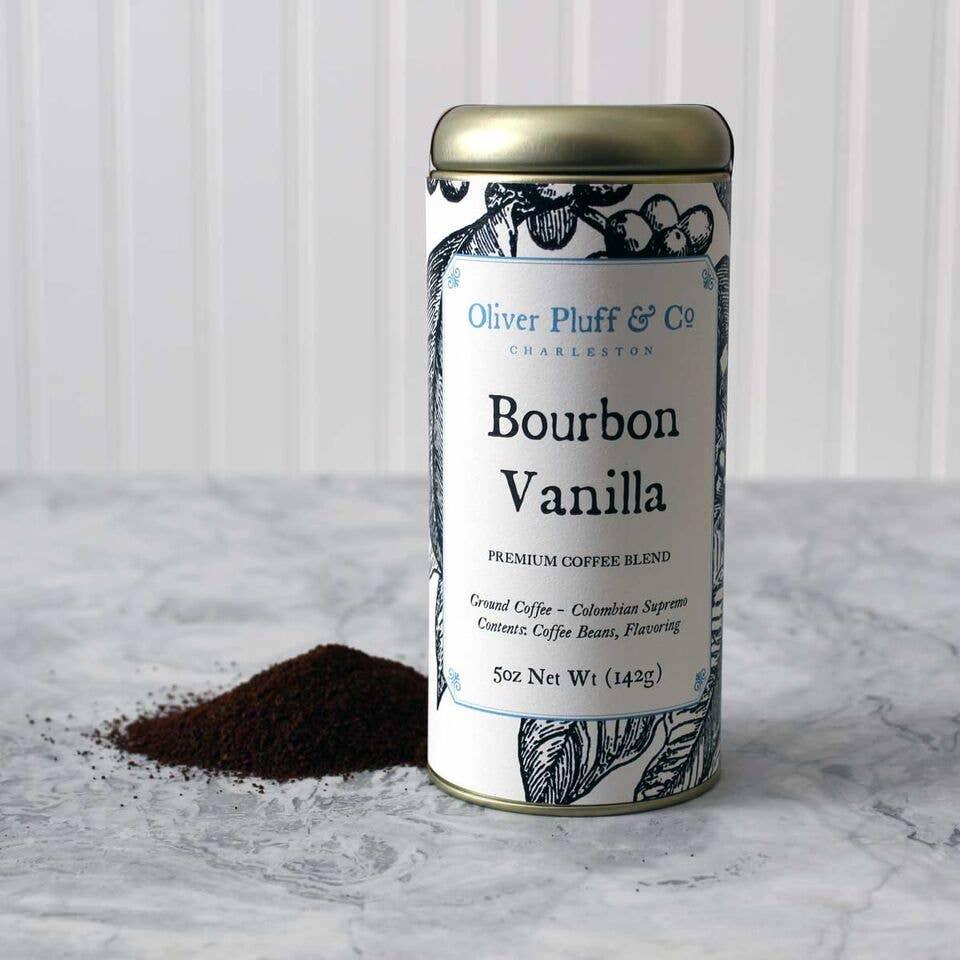 Oliver Pluff & Co Bourbon Vanilla ground coffee tin with coffee grounds on marble surface, Come see us at Awaken, Franklin, Tennessee