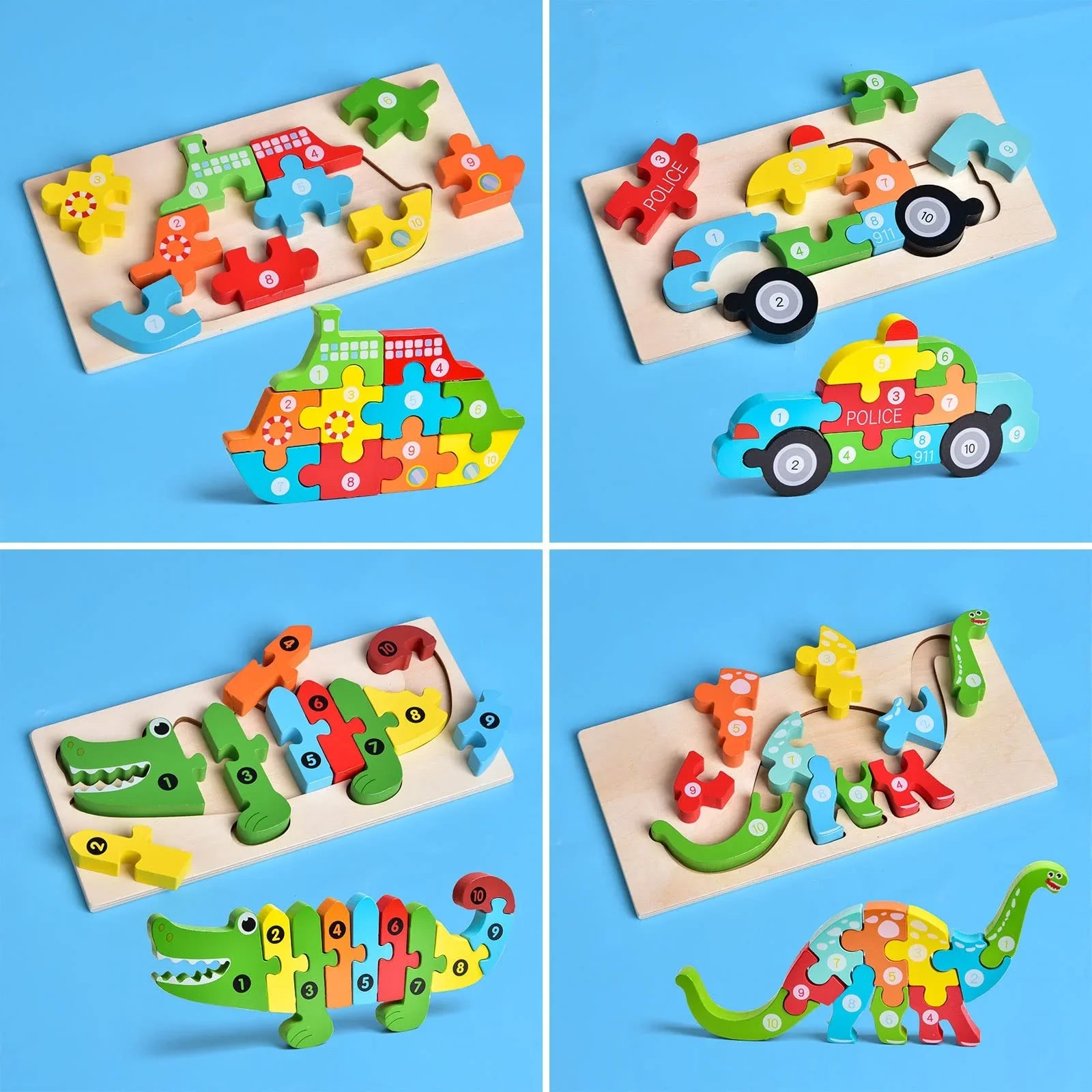 Colorful wooden animal and vehicle puzzles for kids on blue background, Come see us at Awaken, Franklin, Tennessee