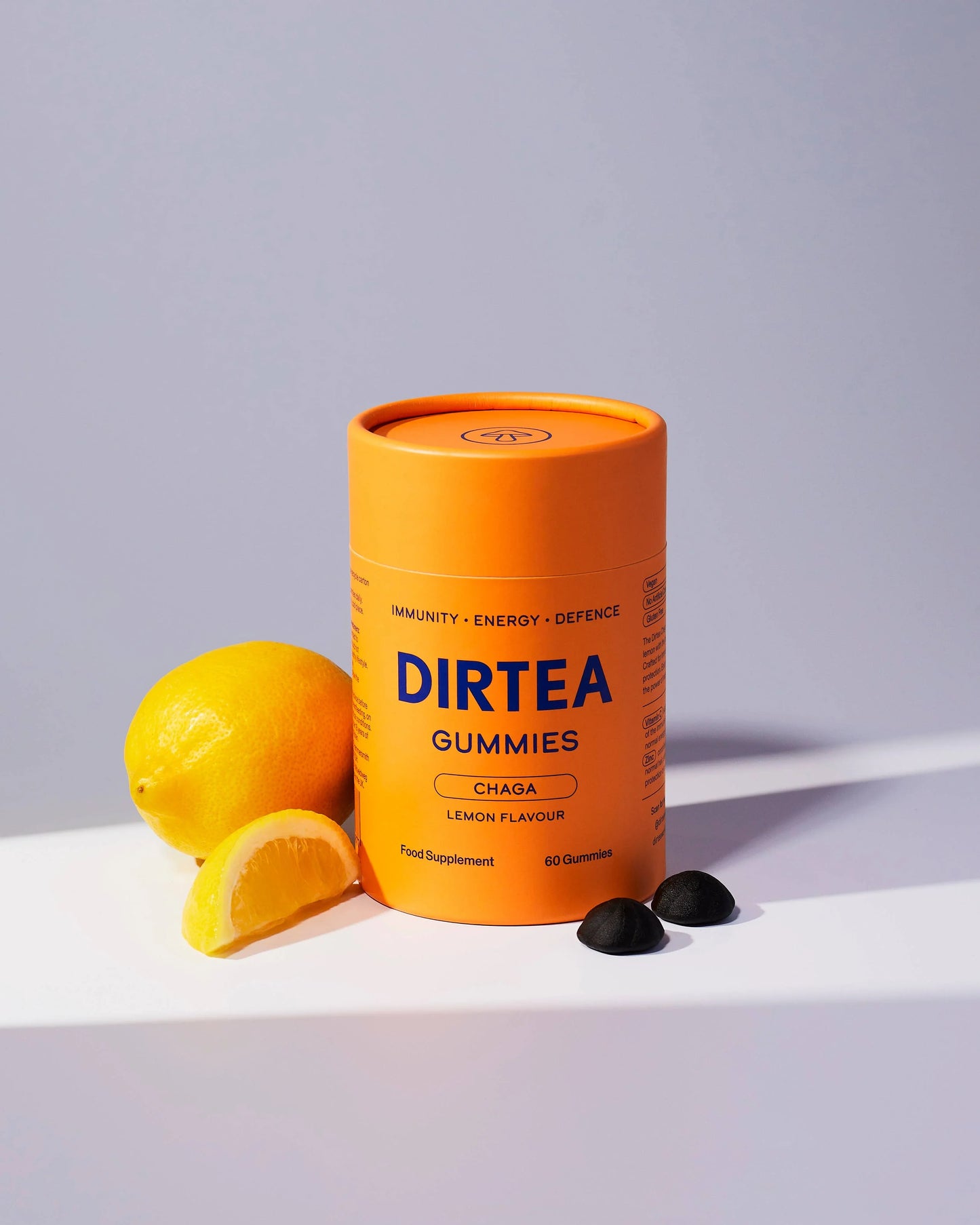 DIRTEA Gummies chaga lemon flavour with lemon and gummies, Come see us at Awaken, Franklin, Tennessee