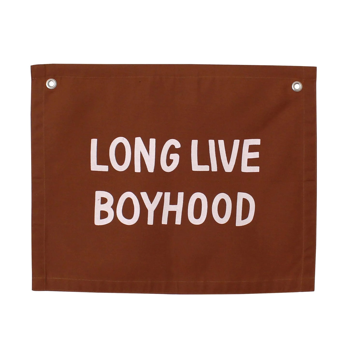 Brown fabric banner with 'Long Live Boyhood' text, Come see us at Awaken, Franklin, Tennessee.