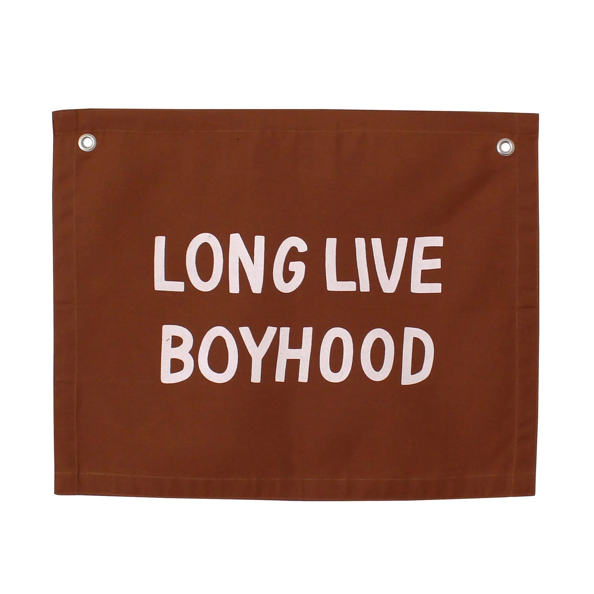 Brown fabric banner with 'Long Live Boyhood' text, Come see us at Awaken, Franklin, Tennessee.