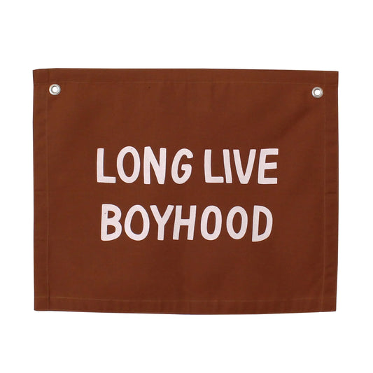 Brown fabric banner with 'Long Live Boyhood' text, Come see us at Awaken, Franklin, Tennessee.